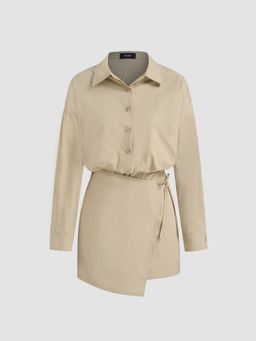 Cider - 100% Cotton Collar Solid Wrap Knotted Button Mini Shirt Dress