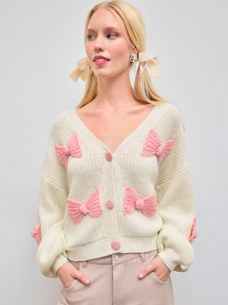 Cider - Knit V-neck Bowknot Oversized Cardigan