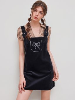 Cider - Corduroy Bowknot Buckle Pocket Mini Dress