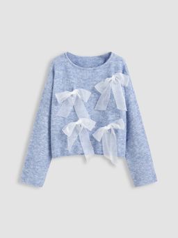 Cider - Knit Wool-blend Round Neckline Solid Bowknot Long Sleeve Oversized Top