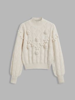 Cider - Knit Round Neckline Solid Rosette Long Sleeve Top