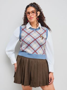 Cider - Knit Round Neckline Check Sheep Embroidery Vest Curve & Plus