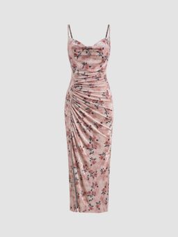 Cider - Velvet Cowl Neck Floral Split Ruched Midi Dress