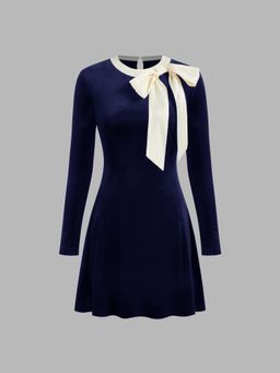 Cider - Velvet Round Neckline Solid Bowknot Mini Dress