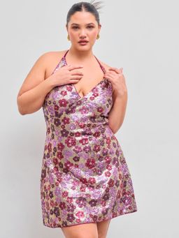 Cider - Sequin Halter V-neck Floral Knotted Mini Dress Curve & Plus
