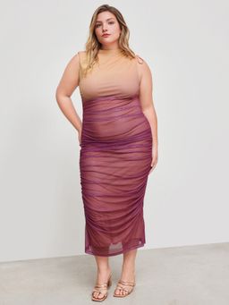 Cider - Mesh Round Neckline Gradient Drawstring Ruched Maxi Dress Curve & Plus