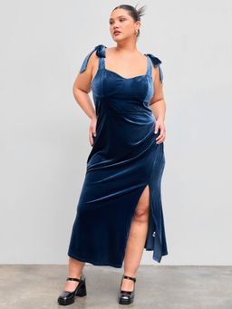 Cider - Velvet Sweetheart Neckline Split Ruched Knotted Maxi Dress Curve & Plus