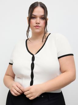 Cider - Knit V-neck Contrasting Binding Button Short Sleeve Crop Top Curve & Plus