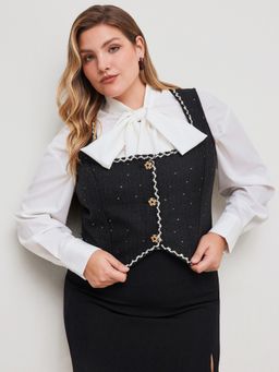 Cider - Tweed Square Neck Button Blazer Vest Curve & Plus