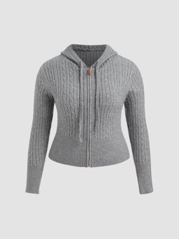 Cider - Cable Knit Hooded Solid Zipper Cardigan Curve & Plus