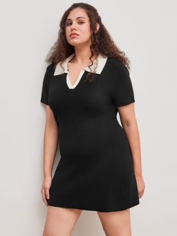 Cider - Knit Polo Solid Contrasting Binding Mini Dress Curve & Plus