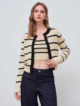 Cider - Knit Striped Contrasting Binding Button Cardigan & Striped Cami Top