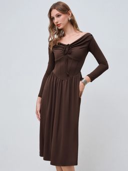 Cider - Off-shoulder Solid Ruched Ruffle Knotted Maxi Dress
