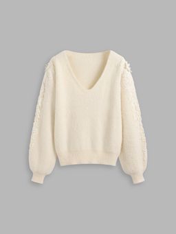 Cider - Knit V-neck Lace Long Sleeve Top