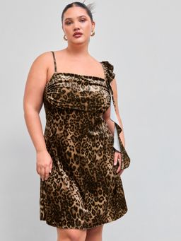 Cider - Velvet Square Neck Leopard Ruffle Hem Ruched Mini Dress Curve & Plus