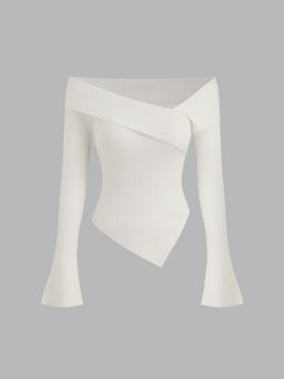 Cider - Off-shoulder Asymmetrical Hem Rib Sweater Top