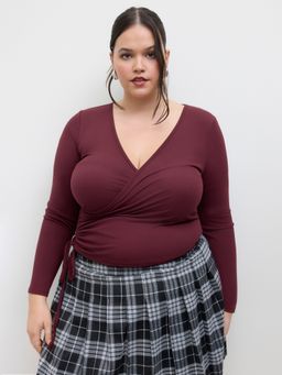 Cider - V-neck Solid Drawstring Long Sleeve Top Curve & Plus