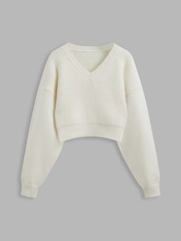 Cider - Knit V-neck Long Sleeve Crop Top