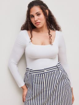 Cider - Second Skin Double Layered Square Neck Solid Long Sleeve Tee Curve & Plus