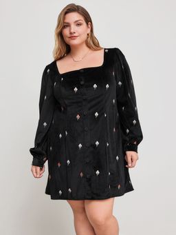 Cider - Corduroy Square Neck Floral Embroidery Button Mini Dress Curve & Plus