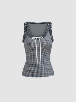 Cider - Jersey Square Neck Gingham Knotted Lettuce Trim Tank Top