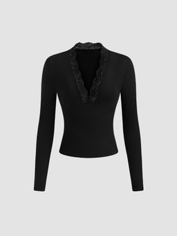 Cider - V-neck Solid Lace Long Sleeve Tee