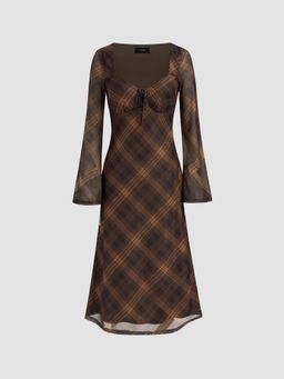 Cider - Mesh V-neck Checks Knotted Maxi Dress