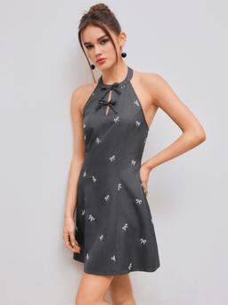 Cider - Halter Neckline Solid Bowknot Mini Dress