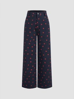 Cider - 100% Cotton High Rise Heart Graphic Button Straight Leg Trousers
