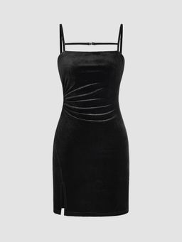 Cider - Velvet Solid Split Belted Ruched Mini Dress