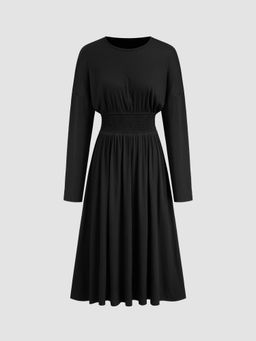 Cider - Round Neckline Solid Shirred Ruffle Maxi Dress
