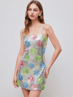 Cider - Sequin Square Neck Floral Mini Dress