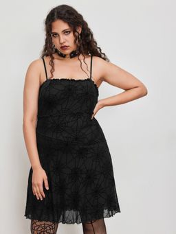 Cider - Mesh Spider Web Lettuce Trim Mini Dress Curve & Plus