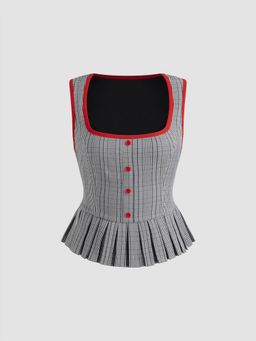 Cider - Square Neck Checks Pleated Contrasting Binding Tank Top