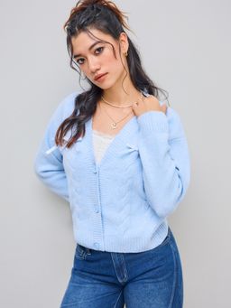 Cider - Cable Knit V-neck Bowknot Cardigan