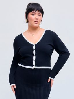 Cider - Knit V-neck Contrasting Binding Button Cardigan Curve & Plus