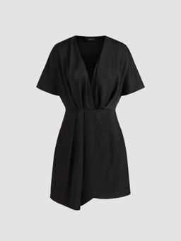 Cider - V-neck Solid Pleated Mini Dress