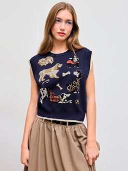 Cider - Knit Round Neckline Dog Graphic Contrasting Binding Vest