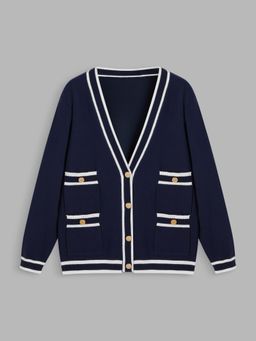 Cider - Knit V-neck Pocket Button Contrasting Binding Oversized Cardigan