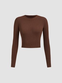Cider - Knit Round Neckline Solid Long Sleeve Crop Top