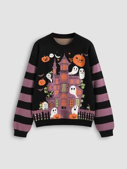 Cider - Knitted Round Neckline Halloween & Ghost Pumpkin Striped Sweater