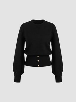 Cider - Knit Round Neckline Solid Button Long Sleeve Top