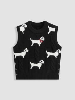 Cider - Cable Knit Round Neckline Dog Pattern Button Vest