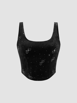 Cider - Velvet U-neckline Bowknot Rhinestone Crop Tank Top
