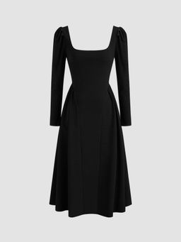 Cider - Square Neck Solid Ruffle Zipper Long Sleeve Midi Dress