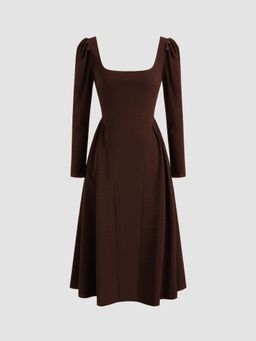 Cider - Square Neck Solid Ruffle Zipper Long Sleeve Midi Dress