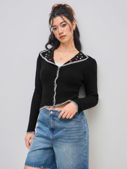 Cider - Knitted V-neck Floral Contrasting Binding Cardigan