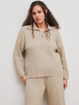 Cider - Knit Wool-blend Polo Solid Zipper Long Sleeve Top