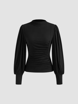 Cider - High Neck Solid Ruched Long Sleeve Top