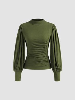Cider - High Neck Solid Ruched Long Sleeve Top